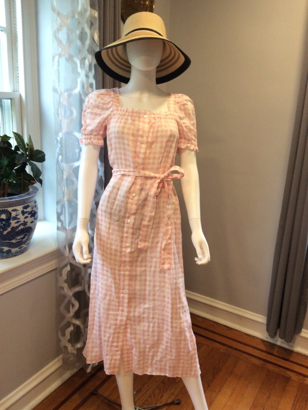 Sleeper Pink Gingham Midi Dress Women's Puff Sleeve Dress Size M